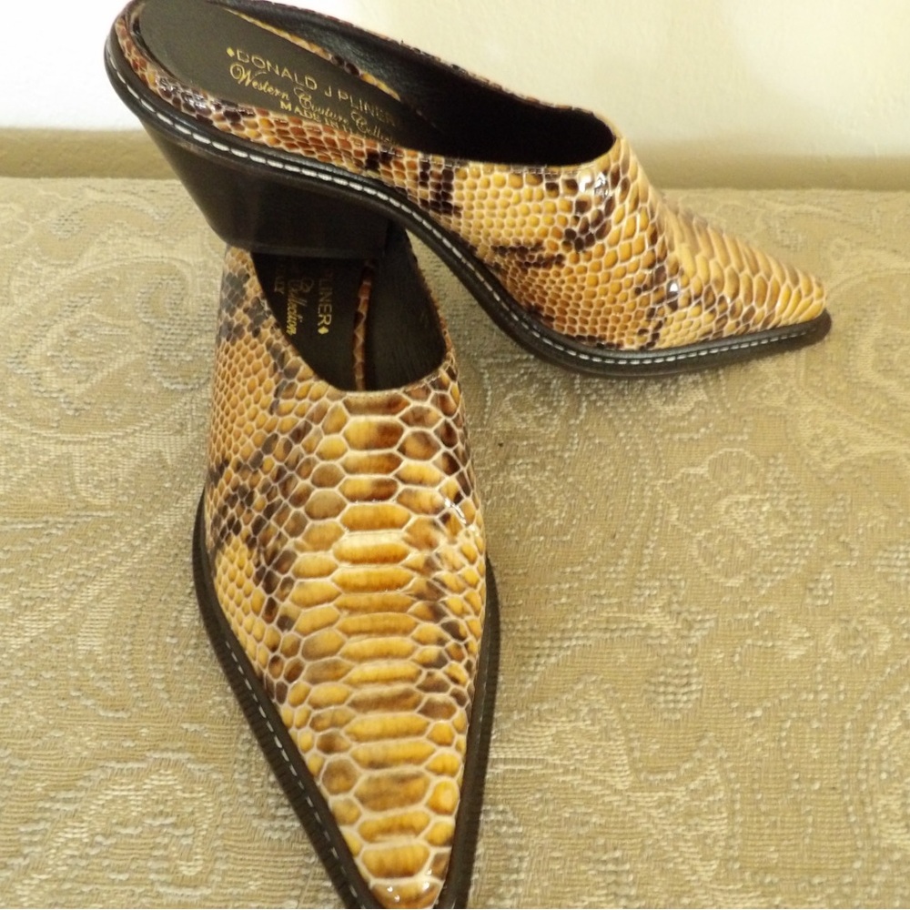 Donald J. Pliner Yellow Snake-Print Pointed Mule with Black Heel